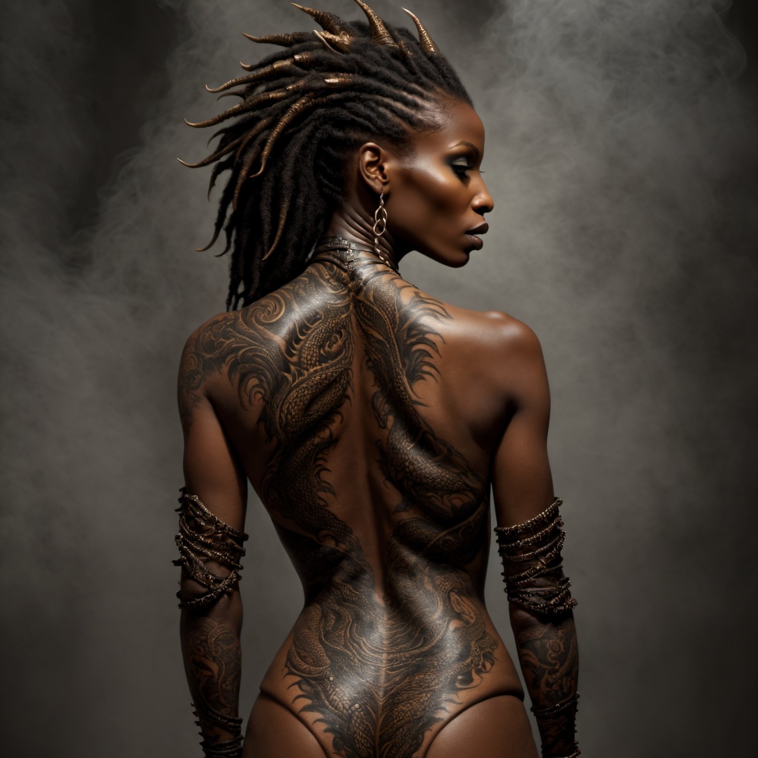 An sexy black african womans arm and shoulder, covered in a detailed intricate dragon tatoo on front and back,  cinematic pose, that is stretching out in to reality, its screaming, scratching, smoking, similar to dragon tattoo by Boris Vallejo, slowly you see the small dragon tattoo in parts is coming out of the skin and becoming a real version of the tattoo, sticking out, scales, extended claws, 16K, back arm and shoulder shot, ,DonMF43XL,cyberpunk style,steampunk style,IncrsXLRanni,HellAI,DonM5yn1hXL