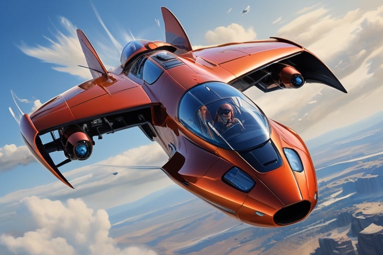 Create a visionary flying car that pushes the boundaries of design and technology. The machine is soaring above stunning l...