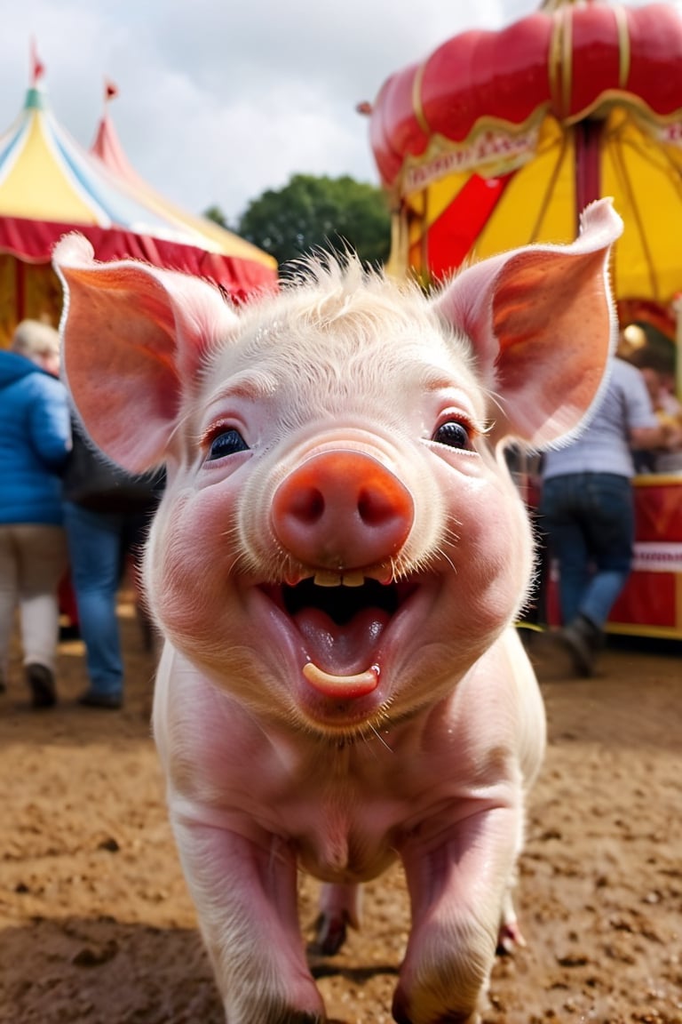a cute 10 week old piglet,  white,  eating a very big red dripping sticky toffee apple at the fair both hands gripping it...