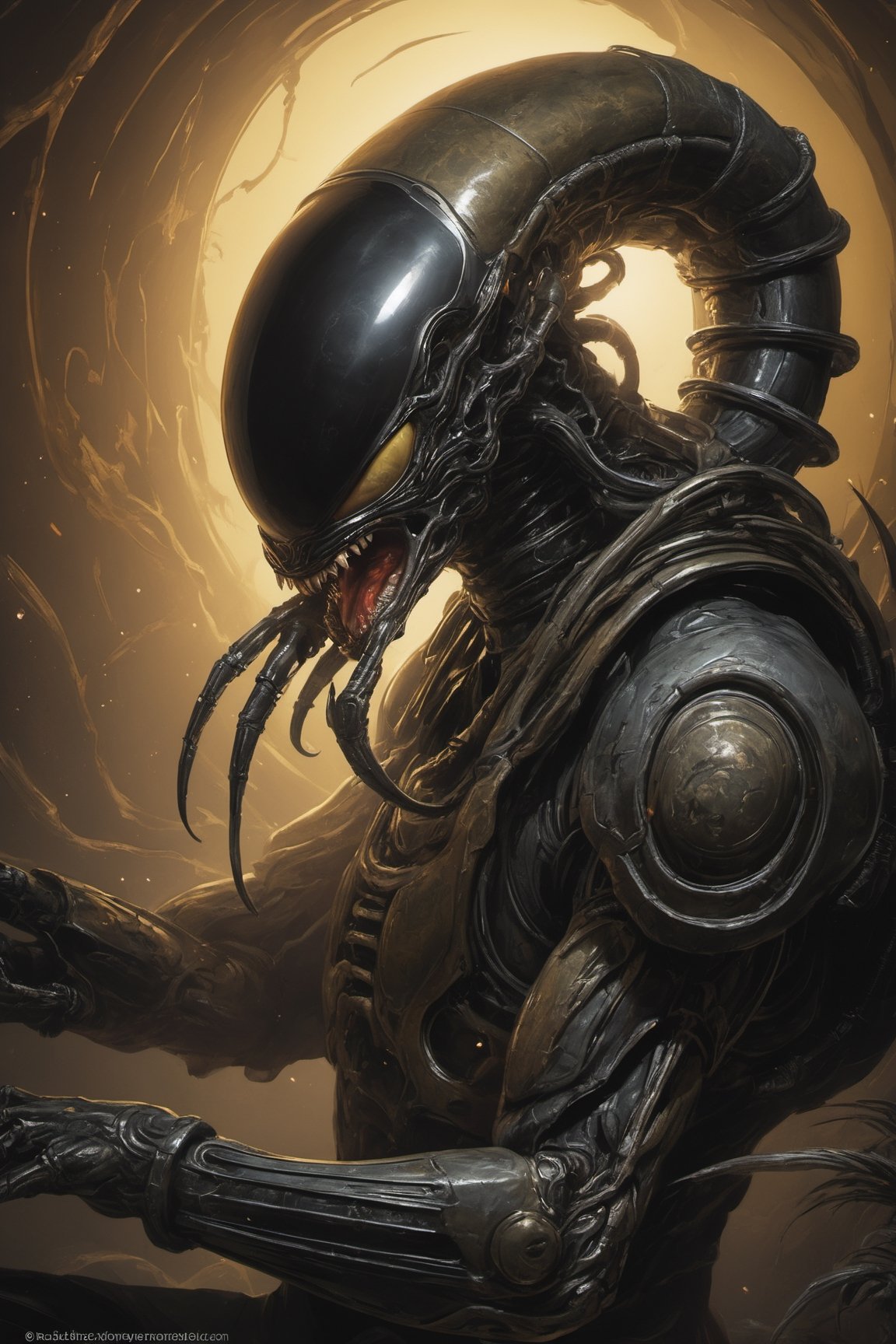 an alien xenomorph Facehugger launches itself at a nearby victim,  black shiny carapace,  with see through to skull by Rav...