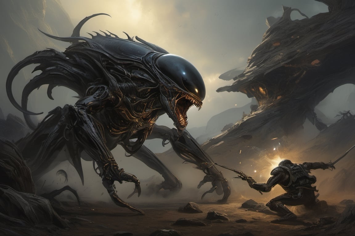 an alien sspider xenomorph launches itself at a nearby victim,  black shiny carapace,  see through to the skull by Ravisha...