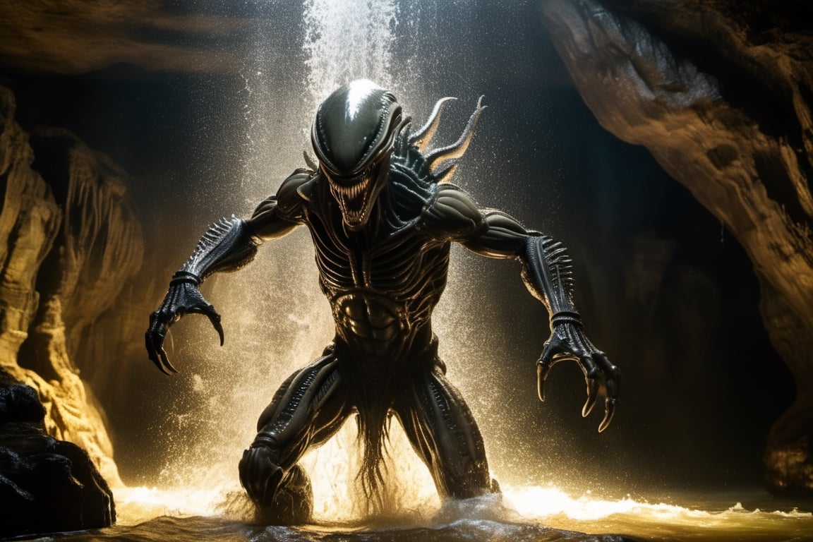 a large alien xenomorph leaping from the water,  attacking swiftly like a crocodile,  in an underground cavern by Ravishas...
