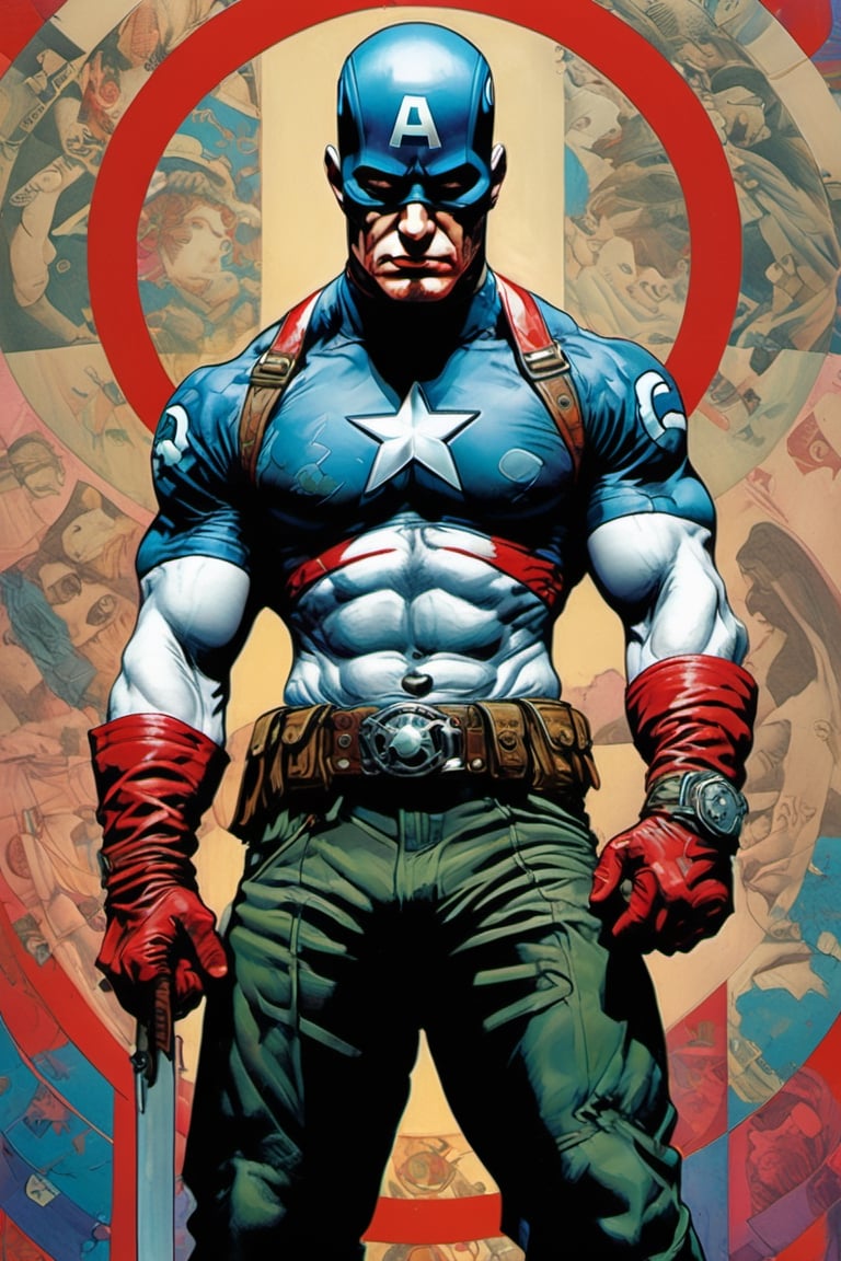 Captain America, Horror Comics style, art by brom, tattoo by ed hardy, shaved hair, neck tattoos andy warhol, heavily muscled, biceps,glam gore, horror, demonic, hell visions, demonic women, military poster style, asian art, chequer board