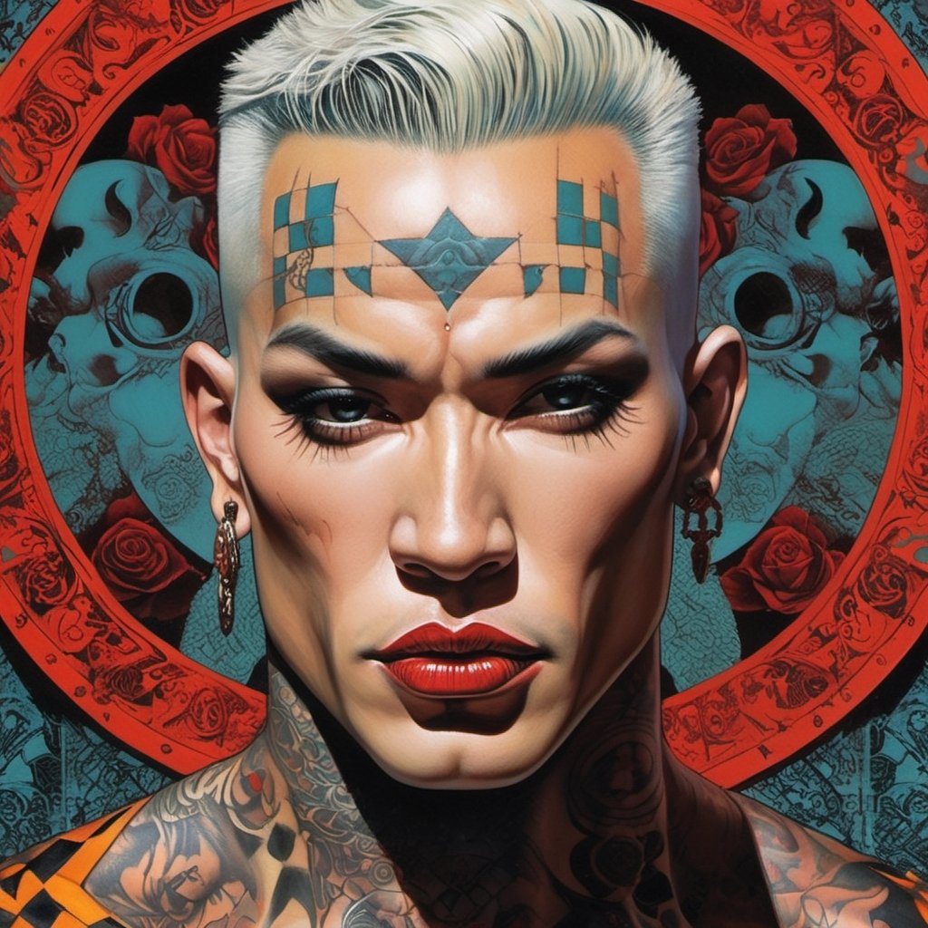 A Man, Horror Comics style, art by brom, tattoo by ed hardy, shaved hair, neck tattoos andy warhol, heavily muscled, biceps,glam gore, horror, demonic, hell visions, demonic women, military poster style, asian art, chequer board,retropunk style, mandlebrot fractal patterns, 