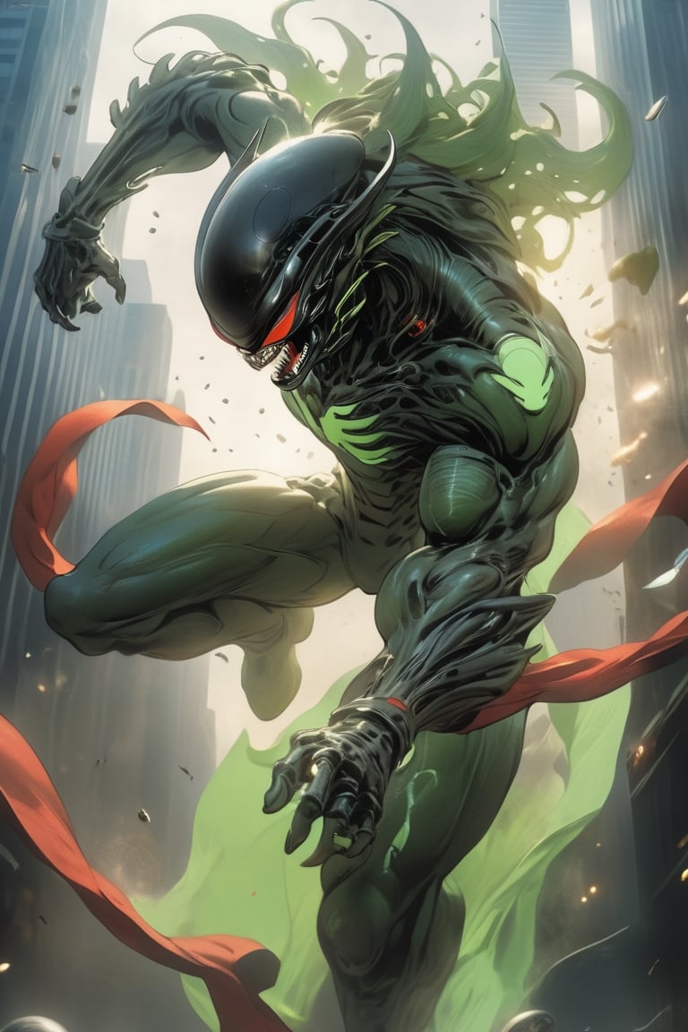 an alien superhero xenomorph launches itself at a nearby victim,  rippling muscles,  green metallic suit by Ravishastri on...