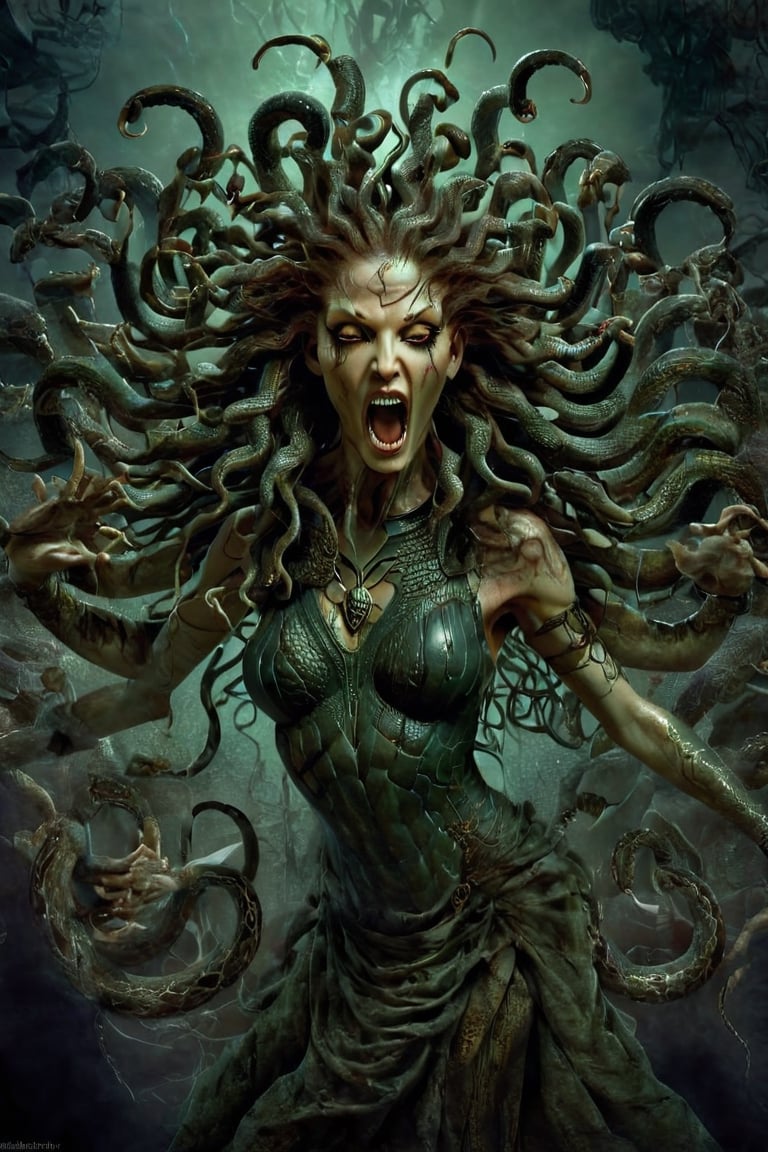 Create a captivating and realistic digital artwork of Medusa, the mythological Gorgon, with her iconic multi snake hair. Craft a scene that portrays her in all her terrifying beauty, and bring out the intricate details of her serpentine locks. show the terror of snakes as hair by using your artistic talent to capture the essence of this mythical character, making her come to life on the canvas. Let your imagination and creativity run wild in depicting Medusa and her mesmerizing, venomous hair in a way that evokes both fear and fascination,