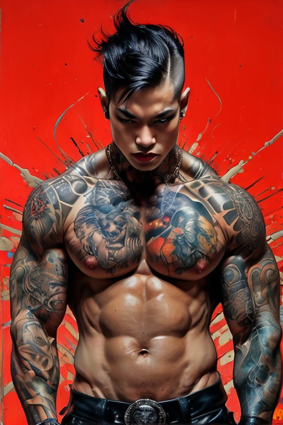 hell poster, manga style, an oil painting, a masterpiece, art by TavitaNiko, art by Vallejo, art by Klimt , art by giger, tattoo by ed hardy, shaved hair, neck tattoos andy warhol, heavily muscled, biceps,glam gore, horror, demonic, hell visions, demonic women, military poster style, asian art, chequer board,