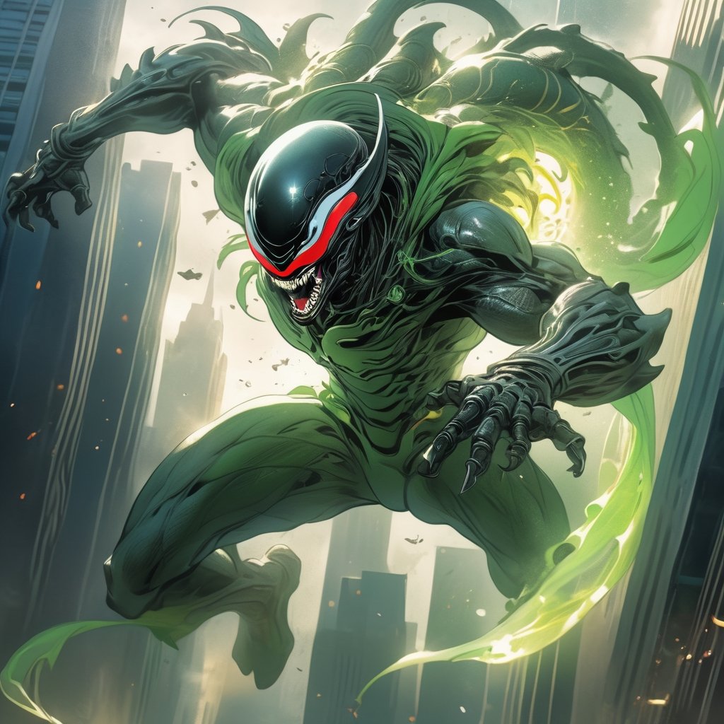 an alien superhero xenomorph launches itself at a nearby victim,  rippling muscles,  green metallic suit by Ravishastri on...