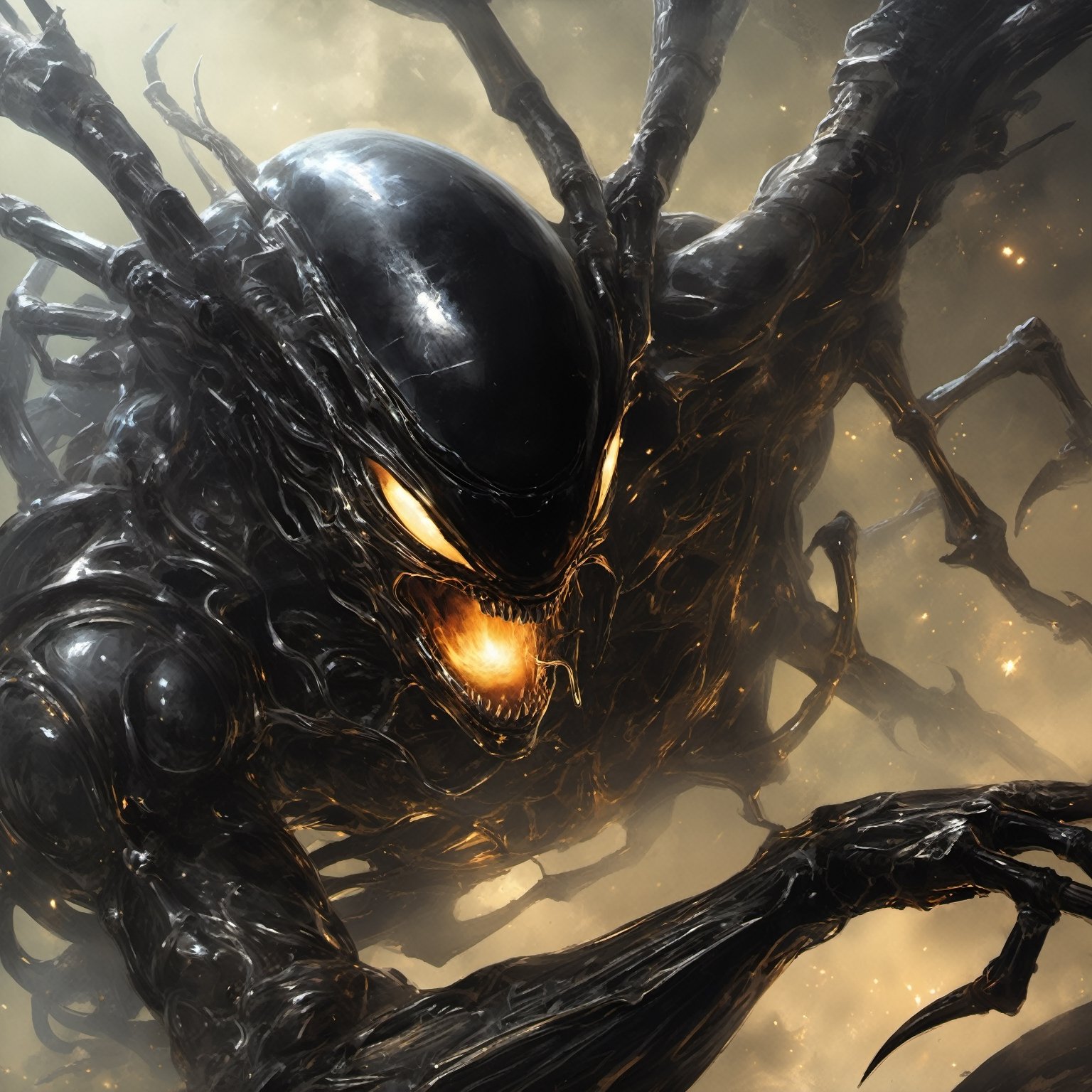 an alien sspider xenomorph launches itself at a nearby victim,  black shiny carapace,  see through to the skull by Ravisha...
