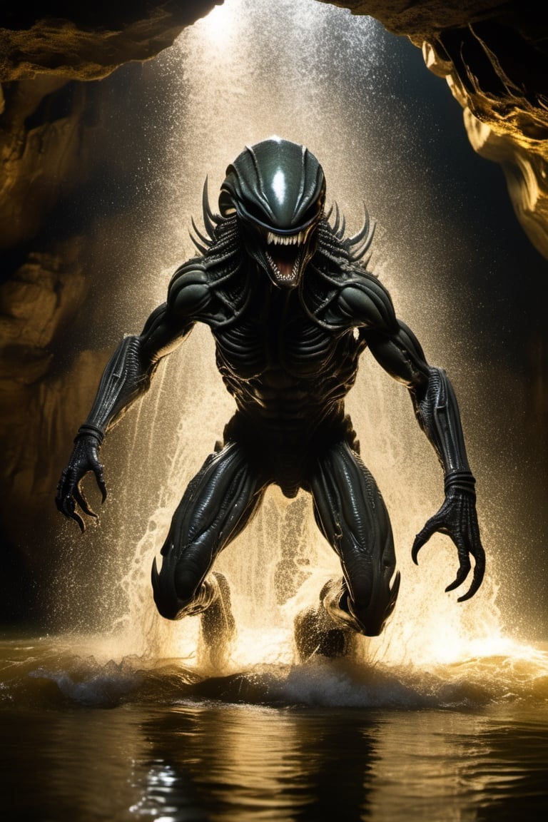 a large alien xenomorph leaping from the water,  attacking swiftly like a crocodile,  in an underground cavern by Ravishas...