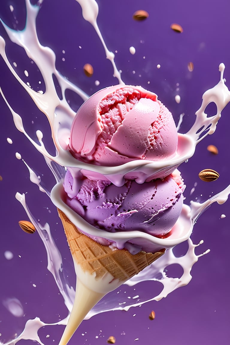 an extreme close up, macro photograph of strawberry ice cream with milk cream, in a stylish modern glass, ice cubes, nuts, mint leaves, splashing milk cream, in a gradient purple background, fluid motion, dynamic movement, cinematic lighting, Mysterious, golden ratio, fake detail, trending pixiv fanbox, acrylic palette knife, style of makoto shinkai studio ghibli genshin impact james gilleard greg rutkowski chiho aoshima,digital artwork by Beksinski,action shot