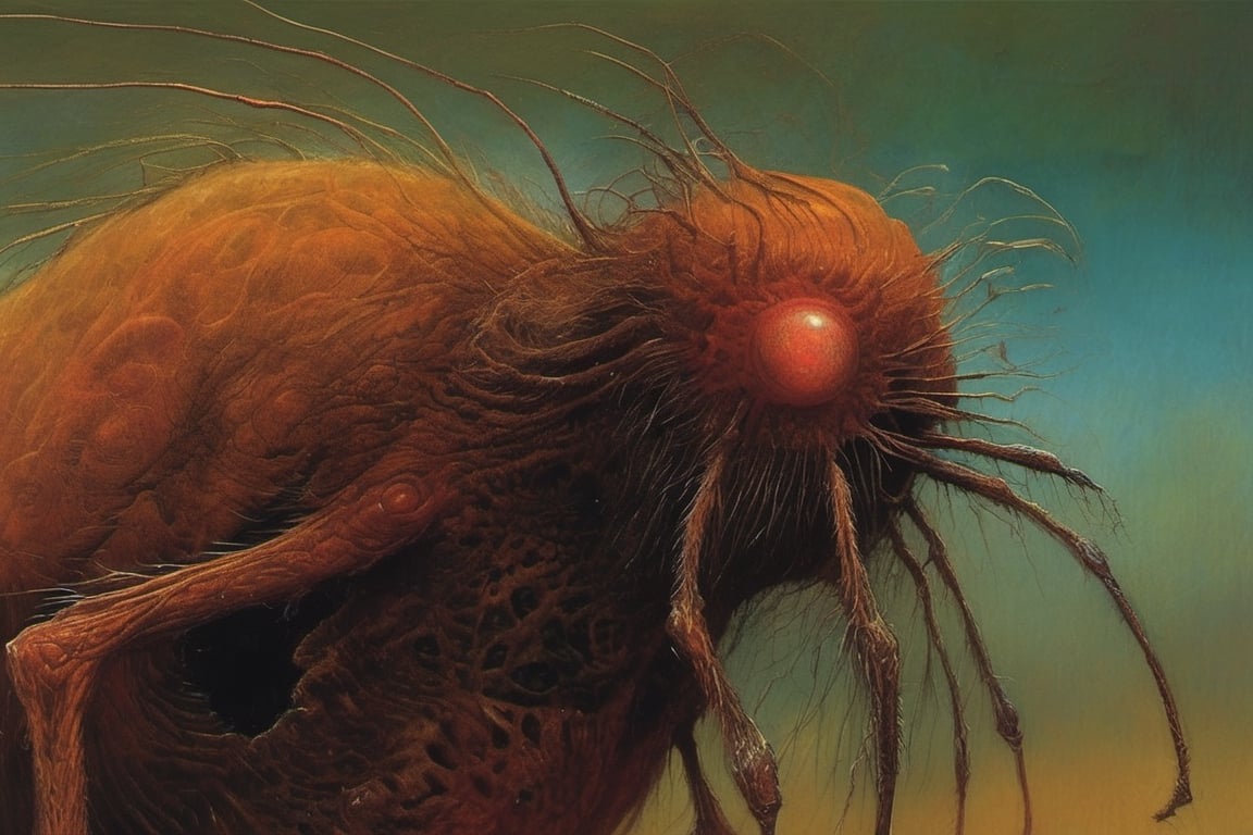 An extreme macroscopic close up of a fleas face and body,  sporadic hairs,  Bitey by Ravishastri on Tensor.Art