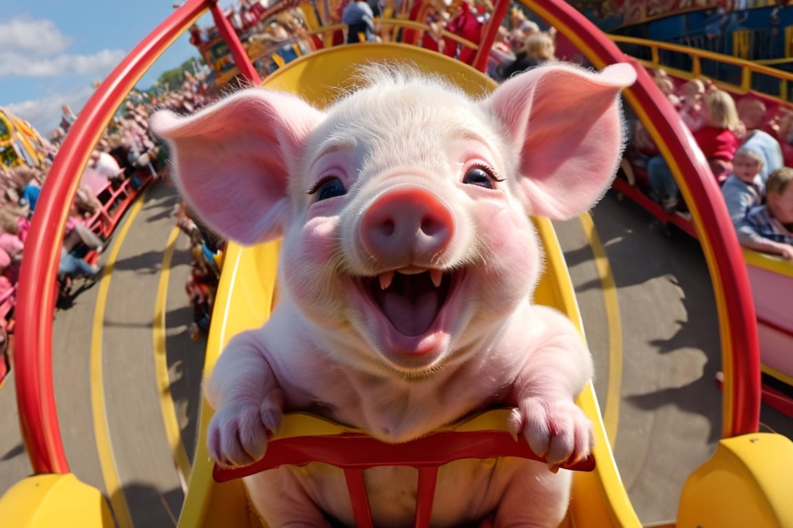 a cute 10 week old piglet,  white,  seated riding in the roller coaster at the fairground by Ravishastri on Tensor.Art