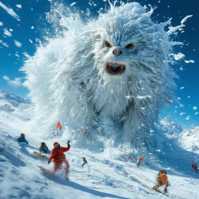 Tracking shot of a panicked santa claus,  fighting a huge snowball monster . In this iconic action scene,  Santa is domina...
