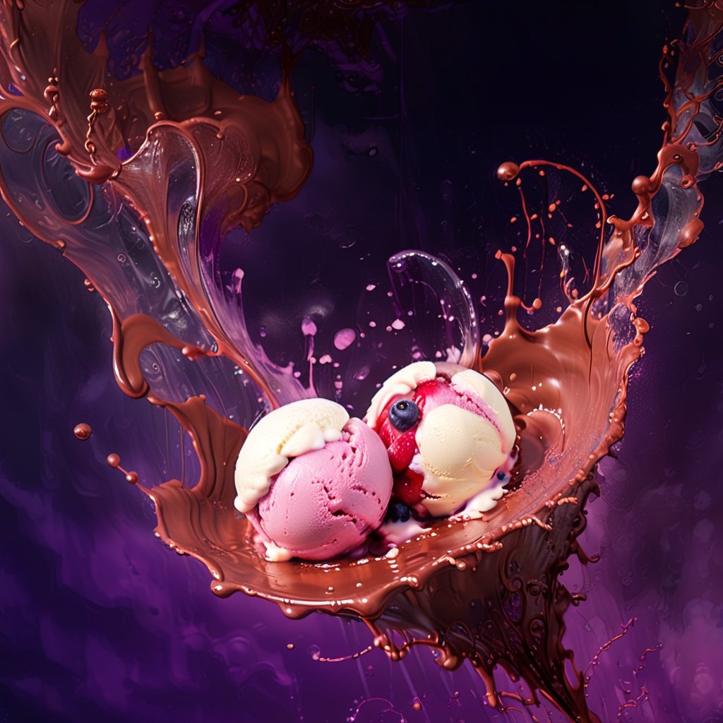 an extreme close up, macro photograph of strawberry ice cream with cherry cream, ice cubes, maraschino cherries, blueberries, dark chocolate sauce, nuts, mint leaves, splashing dark chocolate sauce, in a gradient purple background, fluid motion, dynamic movement, cinematic lighting, Mysterious, golden ratio, acrylic palette knife, style of makoto shinkai studio ghibli genshin impact james gilleard greg rutkowski chiho aoshima,digital artwork by Beksinski,action shot,