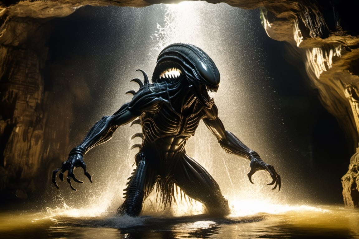a large alien xenomorph leaping from the water,  attacking swiftly like a crocodile,  in an underground cavern by Ravishas...