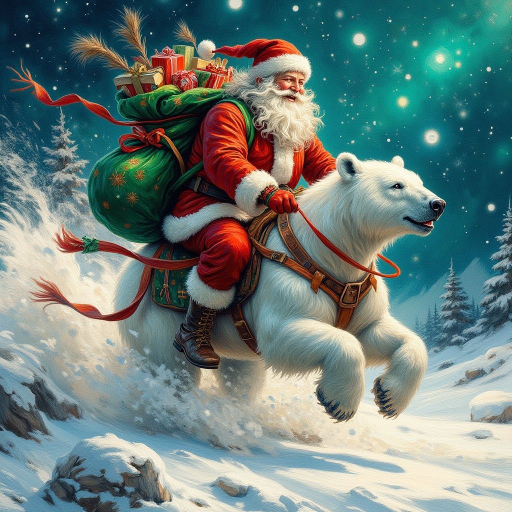 A whirlwind of speed and excitement,  santa sits astride a polar bear as it gallops across the screen,  he laughs with gle...