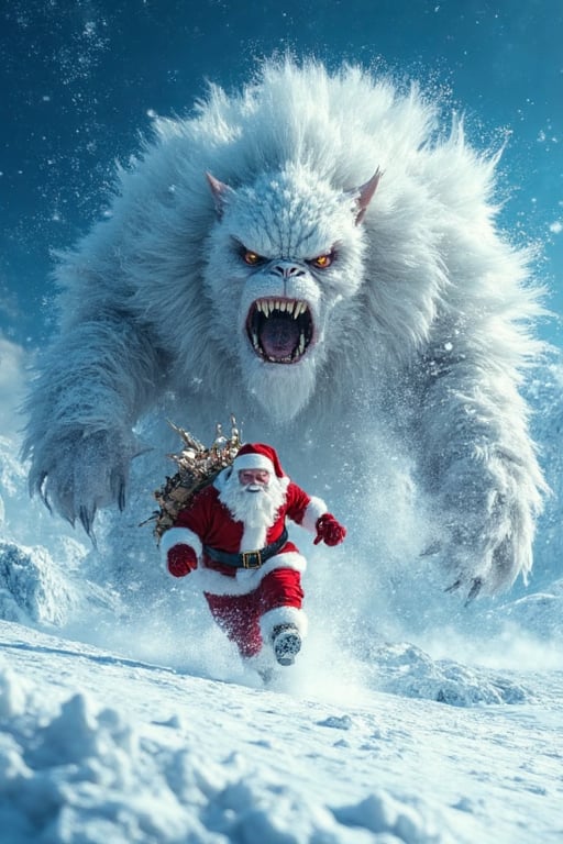 Tracking shot of a panicked santa claus,  fighting a huge snowball monster . In this iconic action scene,  Santa is domina...
