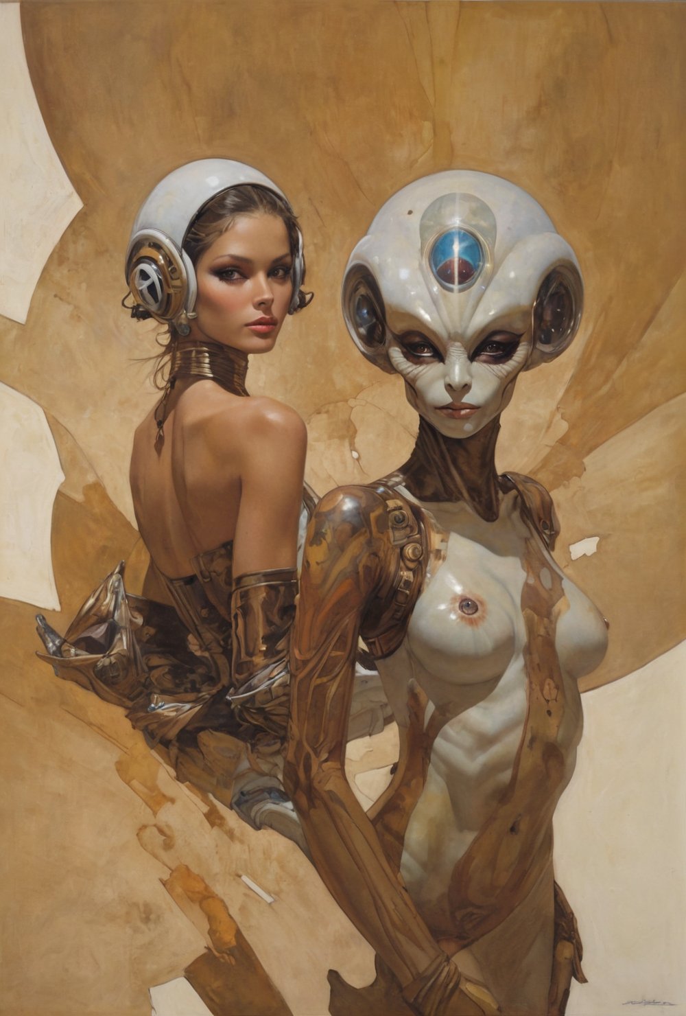 art by Masamune Shirow, art by J.C. Leyendecker, art by simon bisley, art by ralph steadman, a masterpiece, stunning beauty, hyper-realistic oil painting, star wars alien creatures, a portrait picture, incredible detail, fantasy portrait, smooth skin,  kaleidoscope graffiti background,