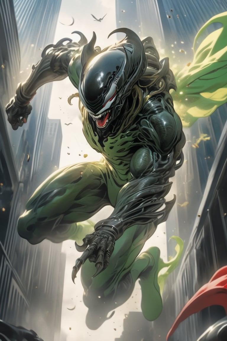 an alien superhero xenomorph launches itself at a nearby victim,  rippling muscles,  green metallic suit by Ravishastri on...