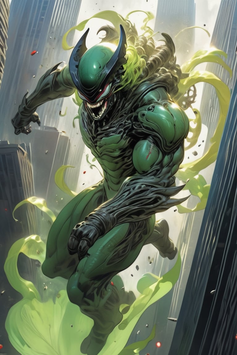 an alien superhero xenomorph launches itself at a nearby victim,  rippling muscles,  green metallic suit by Ravishastri on...