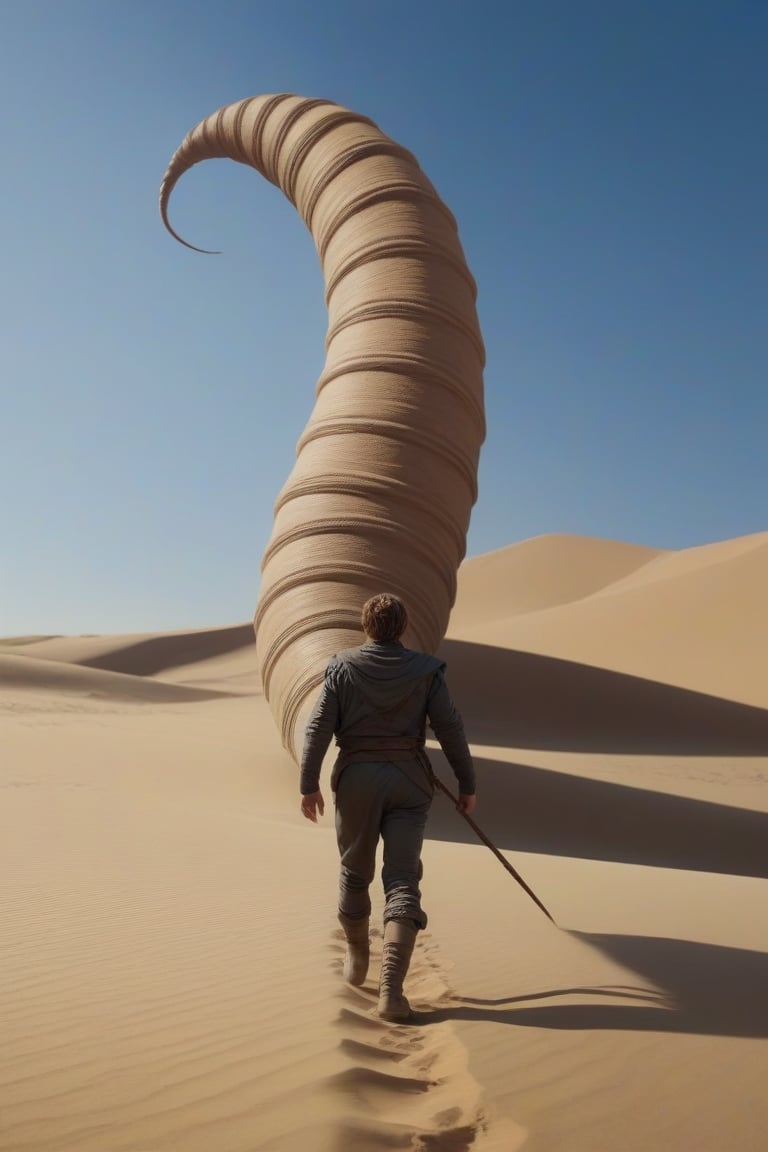 a person walking in the desert, still from movie dune, dune movie poster, dune (2021), scene from dune 2 0 2 1 movie, thm style, a photograph a giant sand worm , dune movie,  fluid motion, dynamic movement, cinematic lighting, ,action shot,art by Klimt, airbrush art, 