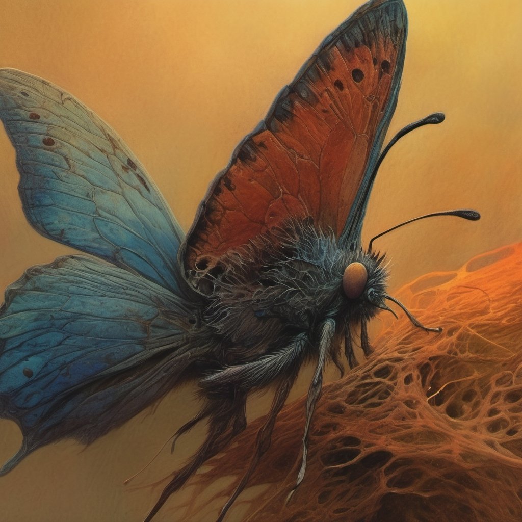 An extreme macroscopic close up of a butterflies mouth,  face and body and wings,  sporadic hairs by Ravishastri on Tensor...