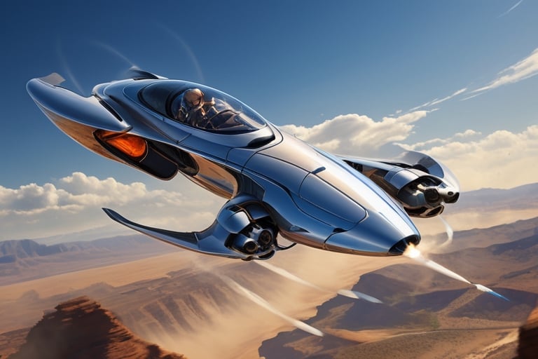 Create a visionary flying car that pushes the boundaries of design and technology. The machine is soaring above stunning l...