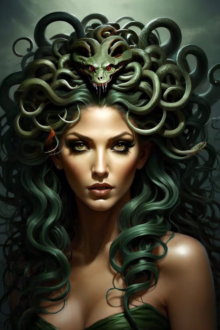 Create a captivating and realistic digital artwork of Medusa, the mythological Gorgon, with her iconic snake hair. Craft a scene that portrays her in all her terrifying beauty, and bring out the intricate details of her serpentine locks. show the terror of snakes as hair by using your artistic talent to capture the essence of this mythical character, making her come to life on the canvas. Let your imagination and creativity run wild in depicting Medusa and her mesmerizing, venomous hair in a way that evokes both fear and fascination,