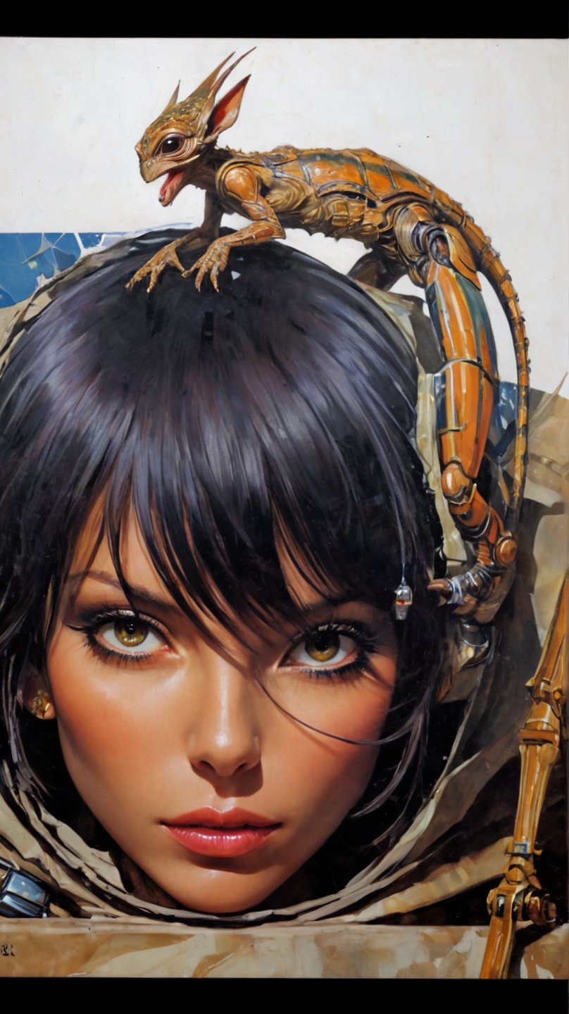 art by Masamune Shirow, art by J.C. Leyendecker, art by simon bisley, art by ralph steadman, a masterpiece, stunning beauty, hyper-realistic oil painting, star wars alien creatures, a portrait picture, incredible detail, fantasy portrait, smooth skin,  kaleidoscope graffiti background, Vogue, artint, frutiger, 