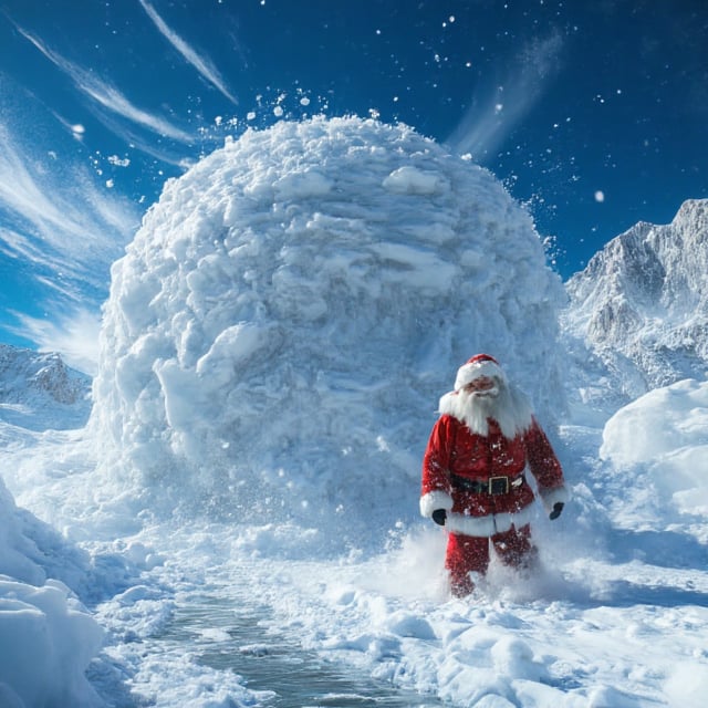 Tracking shot of a panicked santa claus,  fighting a huge snowball monster . In this iconic action scene,  Santa is domina...
