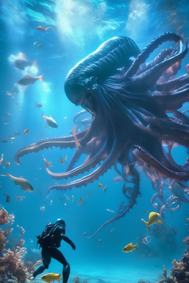 an alien xenomorph launches itself at a nearby victim, a giant octopus, motion blur, underwater scene, cinematic wide shot, small fish scatter, 