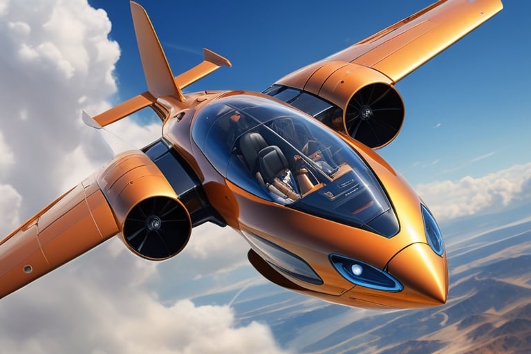 Create a visionary flying car that pushes the boundaries of design and technology. The machine is soaring above stunning l...