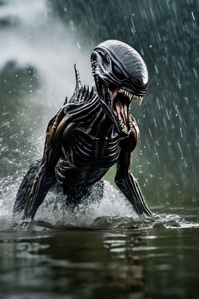 an alien xenomorph leaping from the water,  attacking swiftly like a crocodile,  water splashing by Ravishastri on Tensor.Art