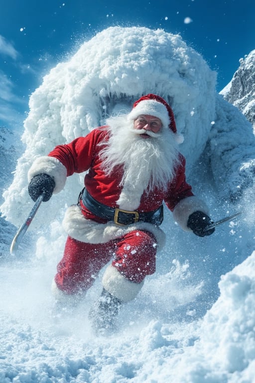 Tracking shot of a panicked santa claus,  fighting a huge snowball monster . In this iconic action scene,  Santa is domina...