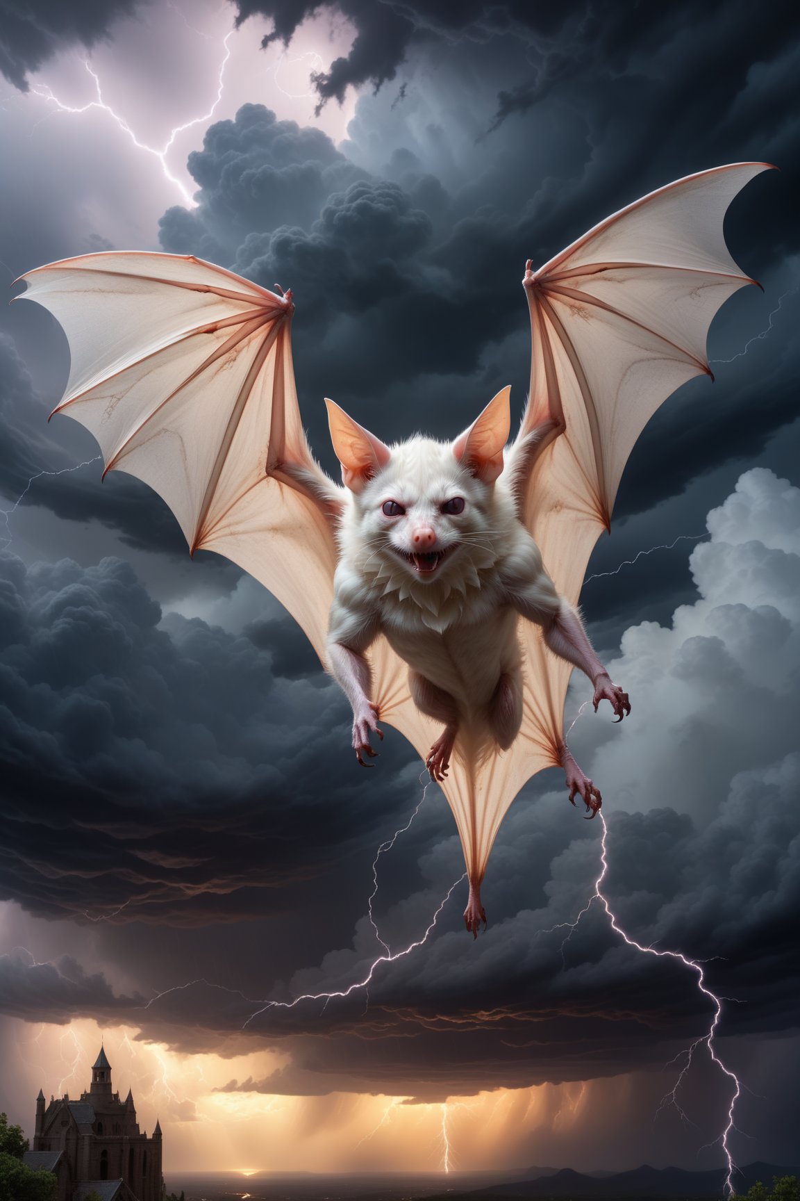 In a majestic, HD, 8K composition, a stunning albino bat assumes a dramatic pose. Framed against storm clouds, lightening, and a turbulent sky,the creature's gaze meets the viewer's, its eyes gleaming with intensity. Wings outstretched, it appears to scan the horizon for wind currents. The illustration exudes a sense of heroic fantasy, reminiscent of Dungeons and Dragons, as if this majestic bat is about to embark on an epic adventure, storm clouds, lightening, turbulent sky,