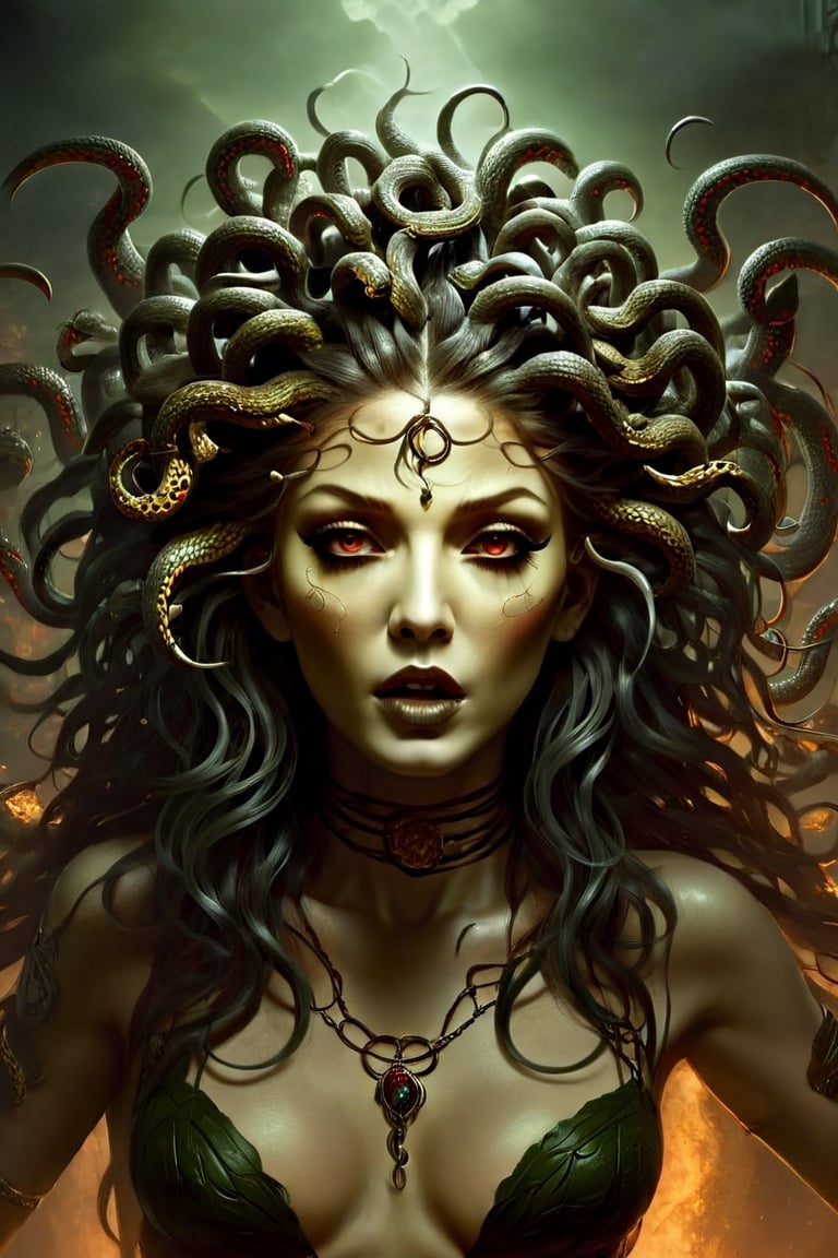 Create a captivating and realistic digital artwork of Medusa, the mythological Gorgon, with her iconic multi snake hair. Craft a scene that portrays her in all her terrifying beauty, and bring out the intricate details of her serpentine locks. show the terror of snakes as hair by using your artistic talent to capture the essence of this mythical character, making her come to life on the canvas. Let your imagination and creativity run wild in depicting Medusa and her mesmerizing, venomous hair in a way that evokes both fear and fascination,