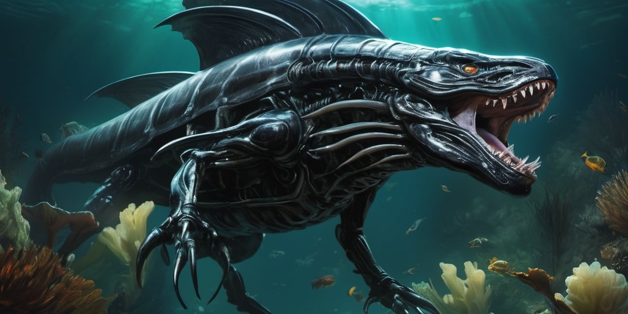 an alien tshark xenomorph launches itself at a nearby victim,  black shiny carapace,  drool by Ravishastri on Tensor.Art