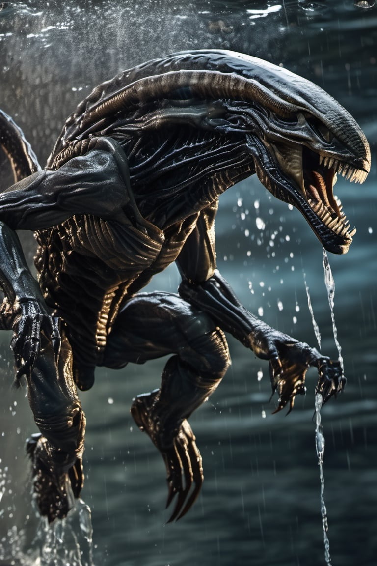 an alien xenomorph leaping from the water,  attacking swiftly like a crocodile,  water splashing by Ravishastri on Tensor.Art