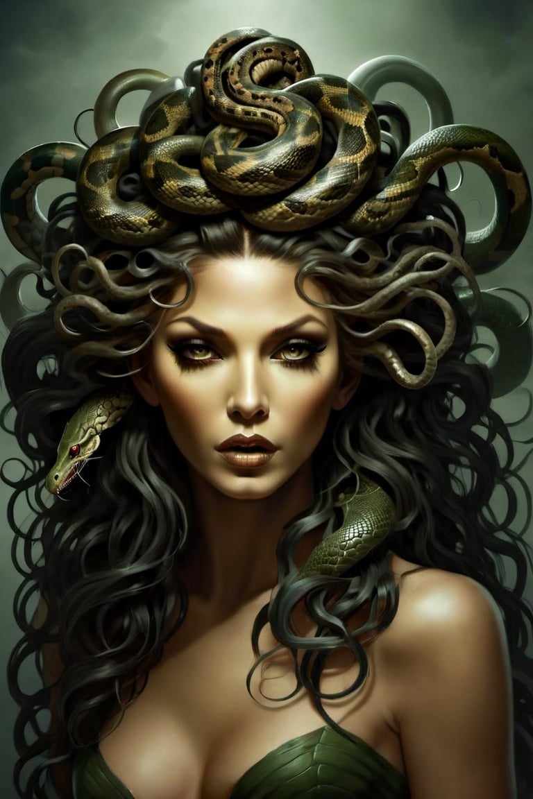 Create a captivating and realistic digital artwork of Medusa, the mythological Gorgon, with her iconic snake hair. Craft a scene that portrays her in all her terrifying beauty, and bring out the intricate details of her serpentine locks. show the terror of snakes as hair by using your artistic talent to capture the essence of this mythical character, making her come to life on the canvas. Let your imagination and creativity run wild in depicting Medusa and her mesmerizing, venomous hair in a way that evokes both fear and fascination,