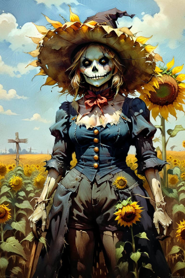  solo focus, hd, 8k, vintage illustration, A vintage-inspired scarecrow standing proudly in a sunflower field, with a worn-out hat and a rusty pitchfork. , masterpiece, award winning illustration by Frank Frazetta, a sexy female scarecrow, DarkFantasy, dark atmosphere, advntr,fr4z3tt4