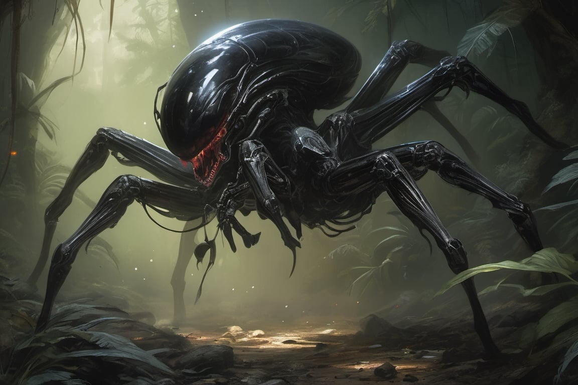 an alien sspider xenomorph launches itself at a nearby victim,  black shiny see through carapace with skull visible behind...