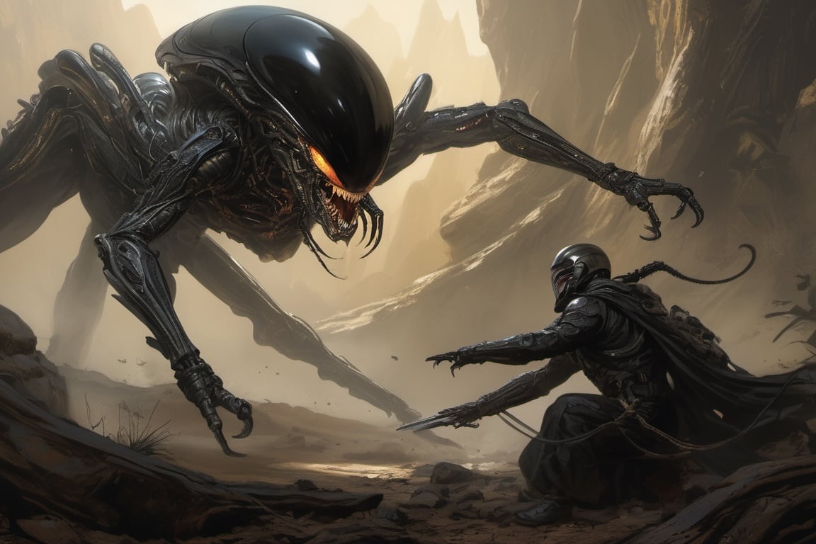 an alien sspider xenomorph launches itself at a nearby victim,  black shiny carapace,  see through to the skull by Ravisha...