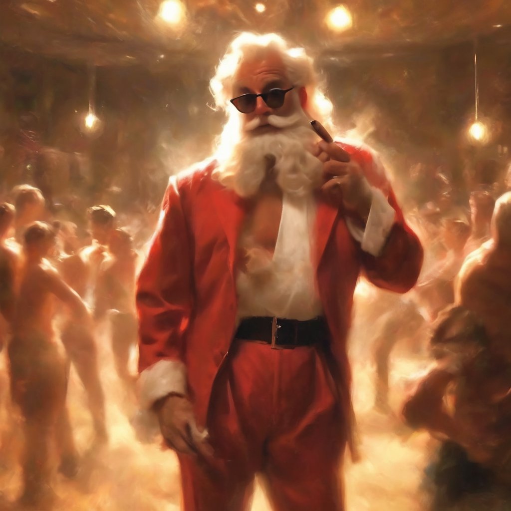 in a strip club watching strippers dance,  Santa wearing a Clean shirt,  new shoes And he don't know where he's goin' to r...