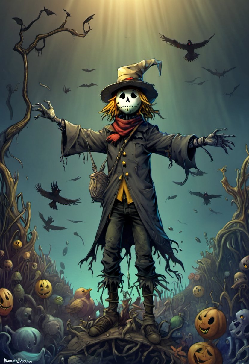 a scarecrow in scarcrow surroundings, , art station, BANDE DESSINÉE story transcription, full color. (Dark Multiverse),Underwater