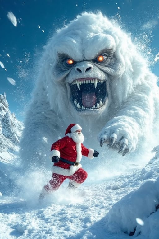 Tracking shot of a panicked santa claus,  fighting a huge snowball monster . In this iconic action scene,  Santa is domina...