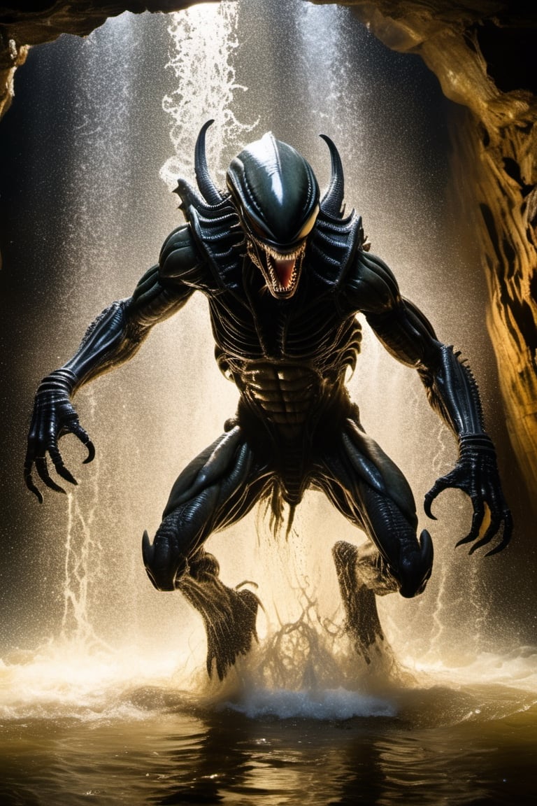 a large alien xenomorph leaping from the water,  attacking swiftly like a crocodile,  in an underground cavern by Ravishas...