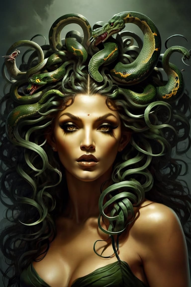 Create a captivating and realistic digital artwork of Medusa, the mythological Gorgon, with her iconic snake hair. Craft a scene that portrays her in all her terrifying beauty, and bring out the intricate details of her serpentine locks. show the terror of snakes as hair by using your artistic talent to capture the essence of this mythical character, making her come to life on the canvas. Let your imagination and creativity run wild in depicting Medusa and her mesmerizing, venomous hair in a way that evokes both fear and fascination,