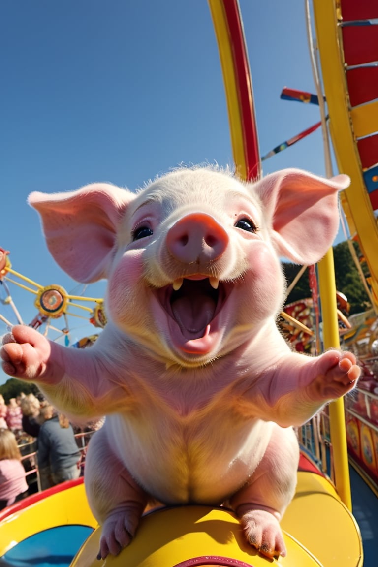 a cute 10 week old piglet,  white,  riding the ferris wheel at the fairground by Ravishastri on Tensor.Art