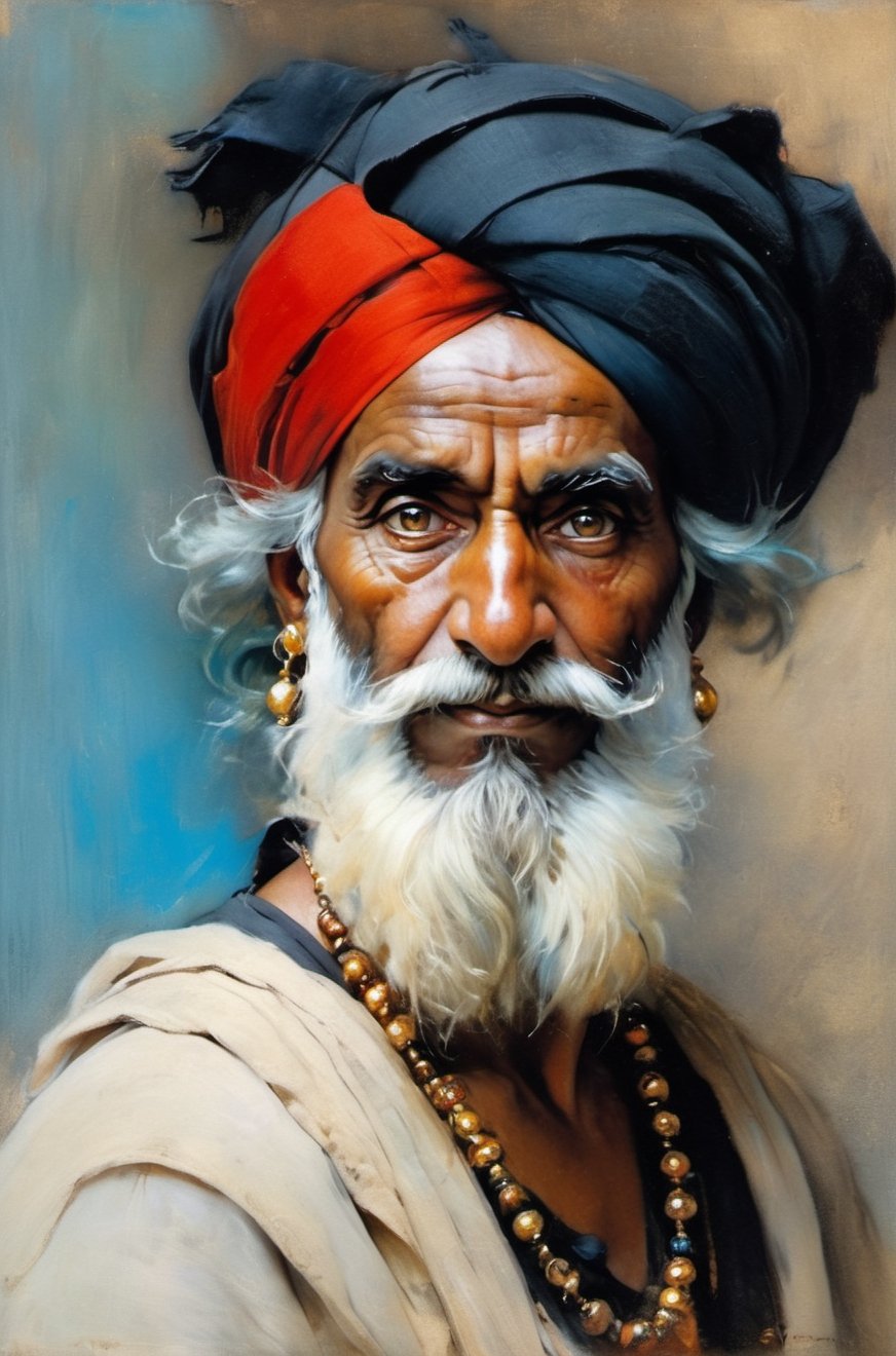 art by john singer sargent, art my monet, art by Ivana Besevic, art by Mia Bergeron, lighting style by rembrandt, an oil painting portrait,  close cropped, face only, an old indian mans face, wearing a black turban decorated with gold and red baubles,  turban, very detailed straggly beard,detail in hair, detail in the eyes, detail in the hair and beard, focus on the eyes, piercing bright light blue eyes, very detailed eyes, looking away inyo the distance, 